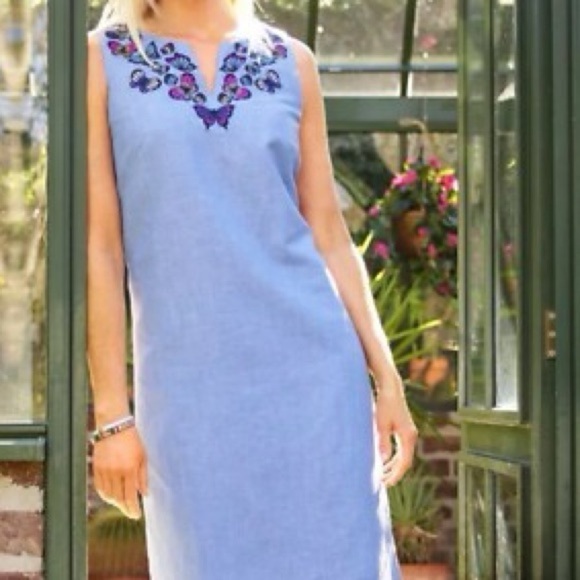 Talbots Dresses & Skirts - Talbots Embroidered Butterfly Linen Cotton Blend Shift Dress Blue Size 8